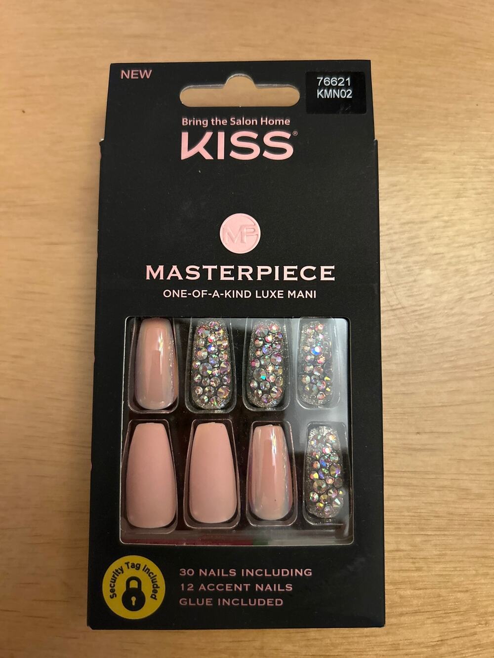 New Kiss Masterpiece 30pc Luxe Long Coffin Pink Silver Rhinestone Nails Glue Set